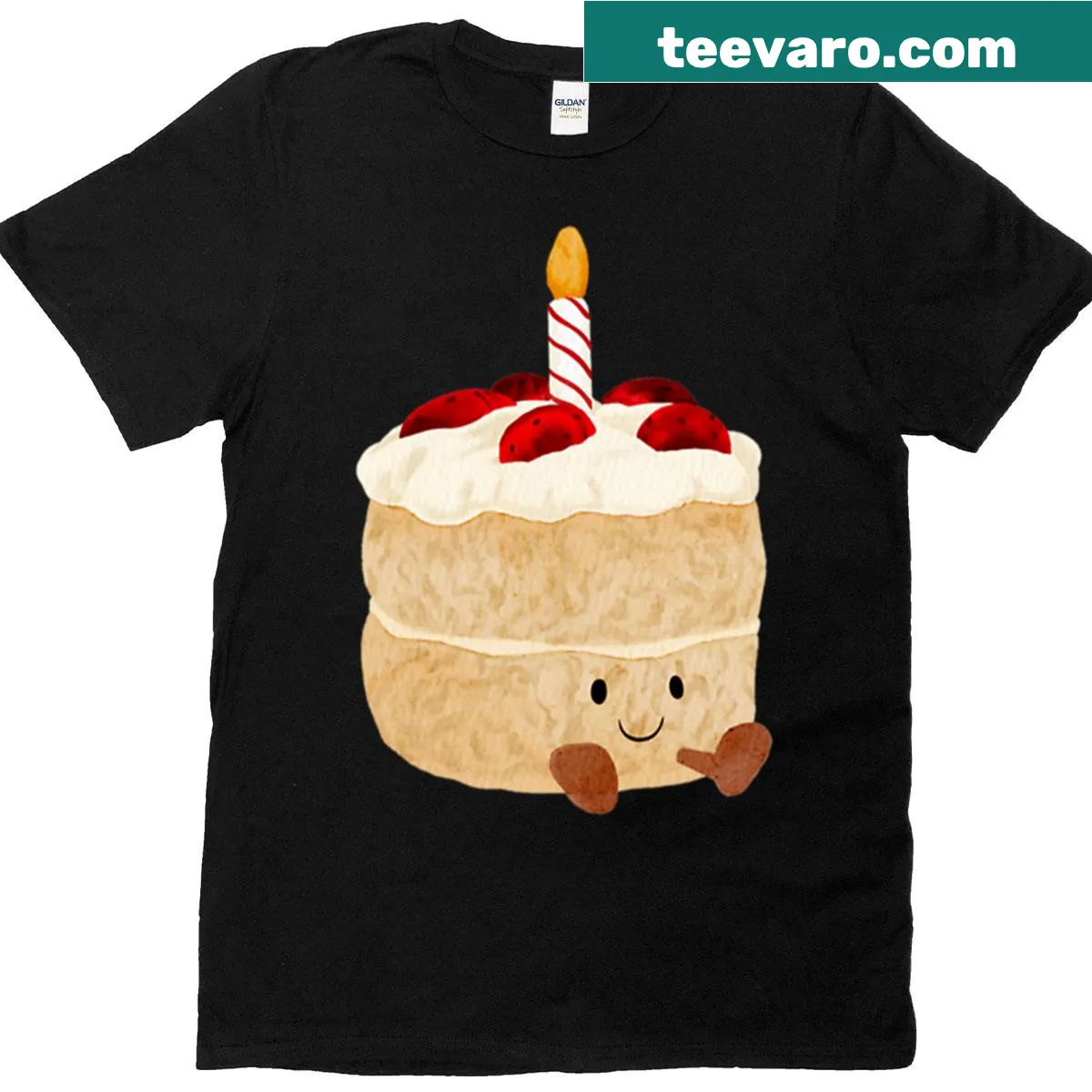 Whimsical watercolor birthday cake illustration on a shirt — on a men's t-shirt