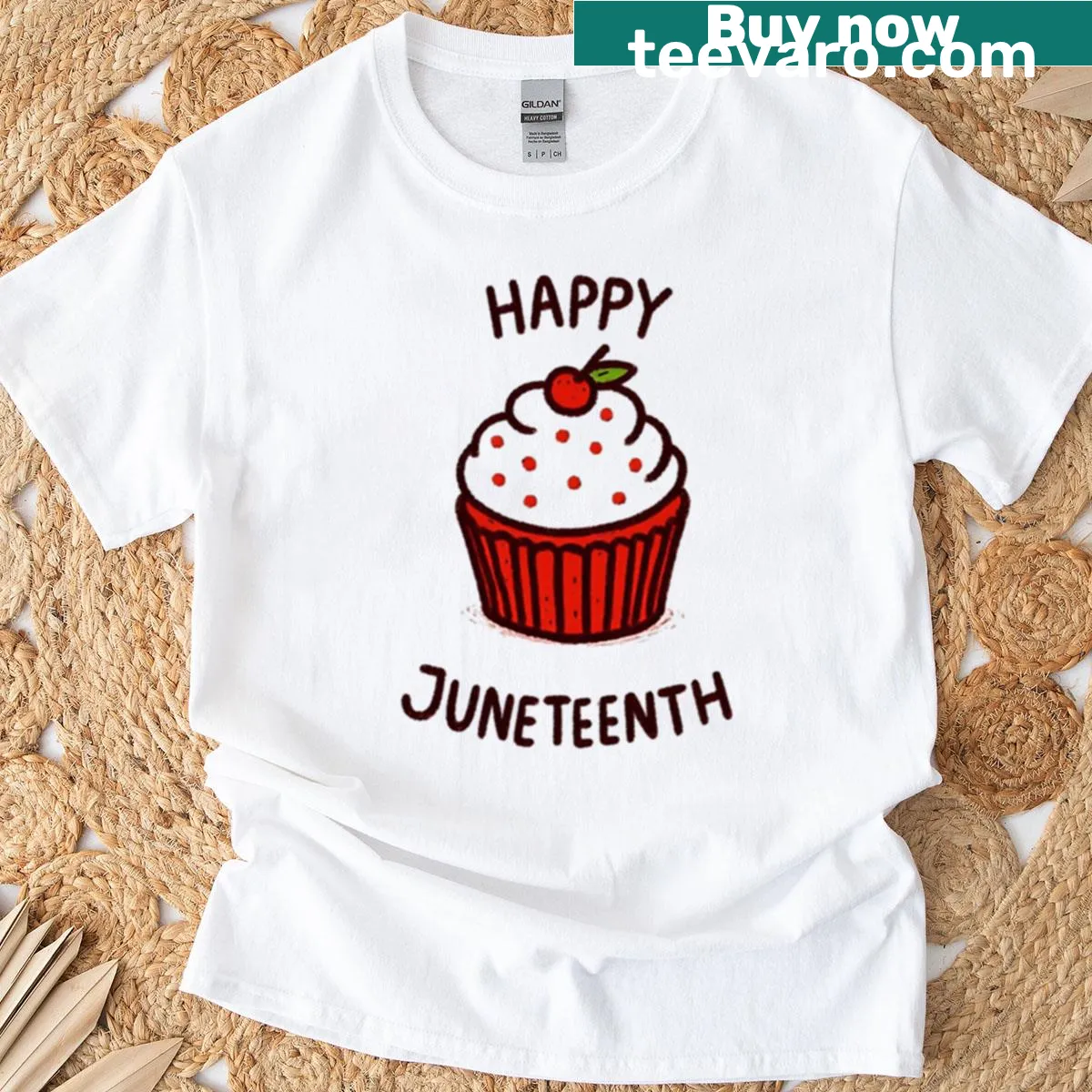 Cupcake-themed T-shirt celebrating Juneteenth with a joyful design. — on a men's t-shirt
