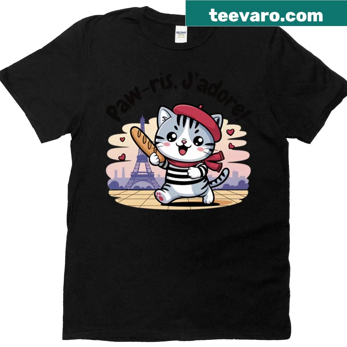 Chibi cat dressed as a tourist with Eiffel Tower graphic — on a men's t-shirt