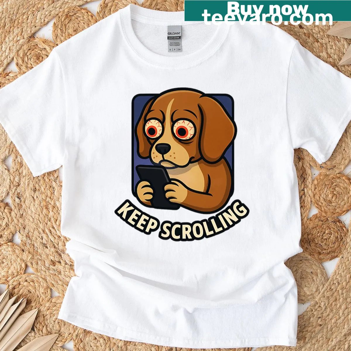T-shirt with 'Keep Scrolling' text and a playful dog graphic — on a men's t-shirt