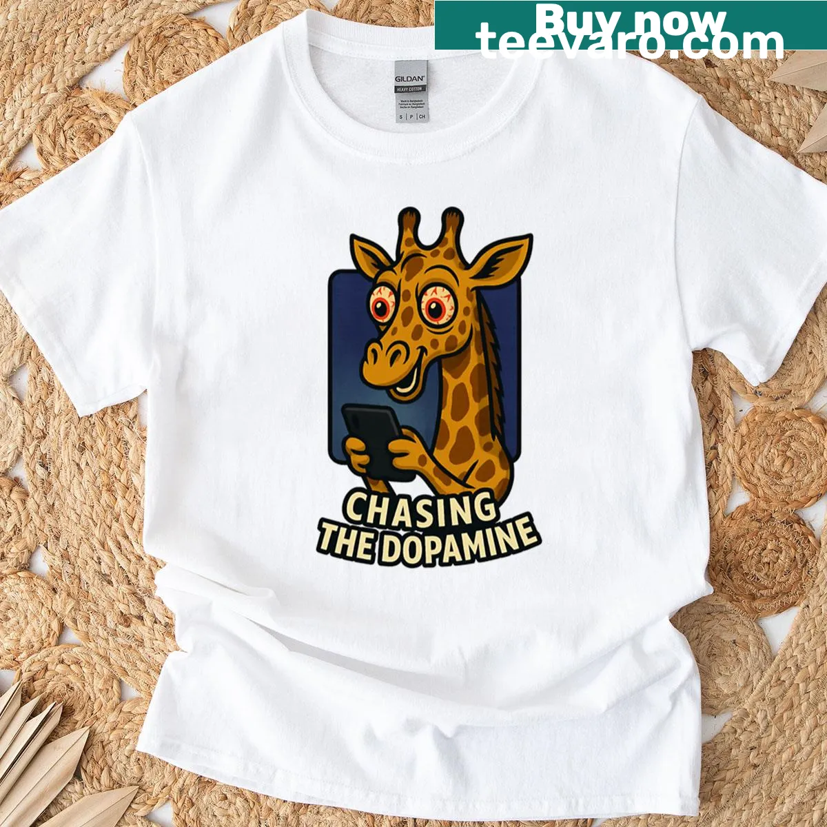 Playful giraffe illustration with the words 'Keep Scrolling' — on a men's t-shirt