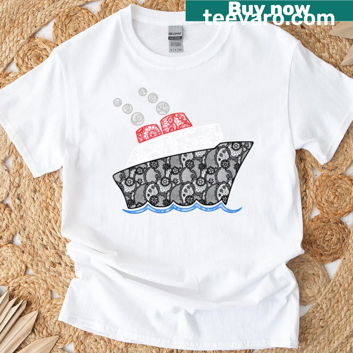 Illustration of a cruise ship sailing on waves — on a men's t-shirt