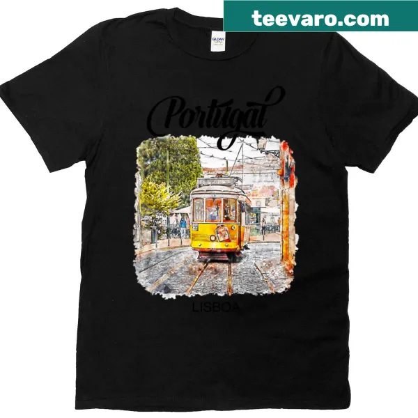 Vintage-style tram illustration representing Lisbon on a T-shirt