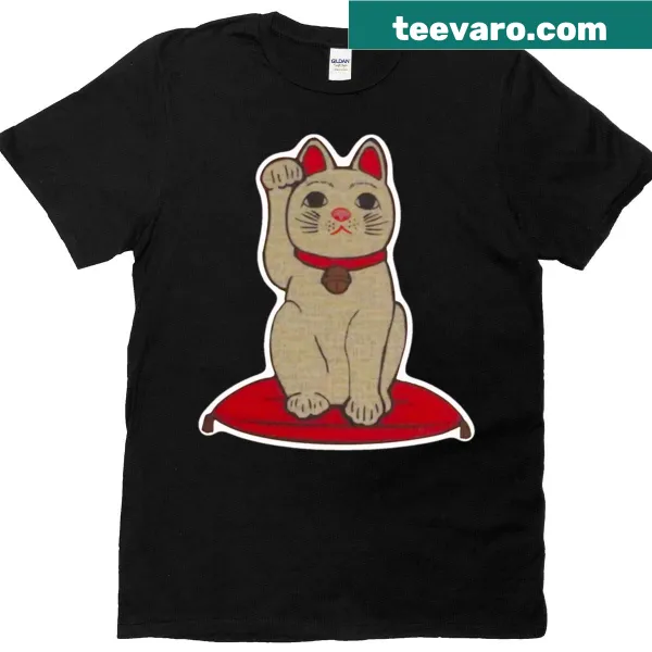 T-shirt featuring a cute lucky cat illustration symbolizing good fortune.