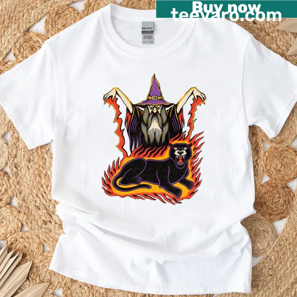 T-shirt illustrating a mad wizard summoning a panther