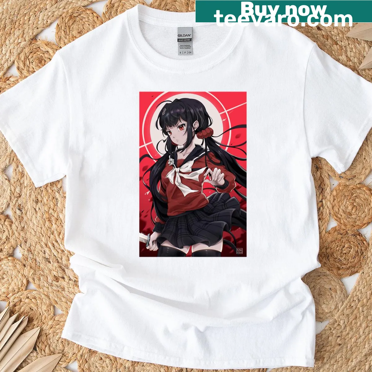 Illustrated Maki Harukawa character T-shirt — on a men's t-shirt