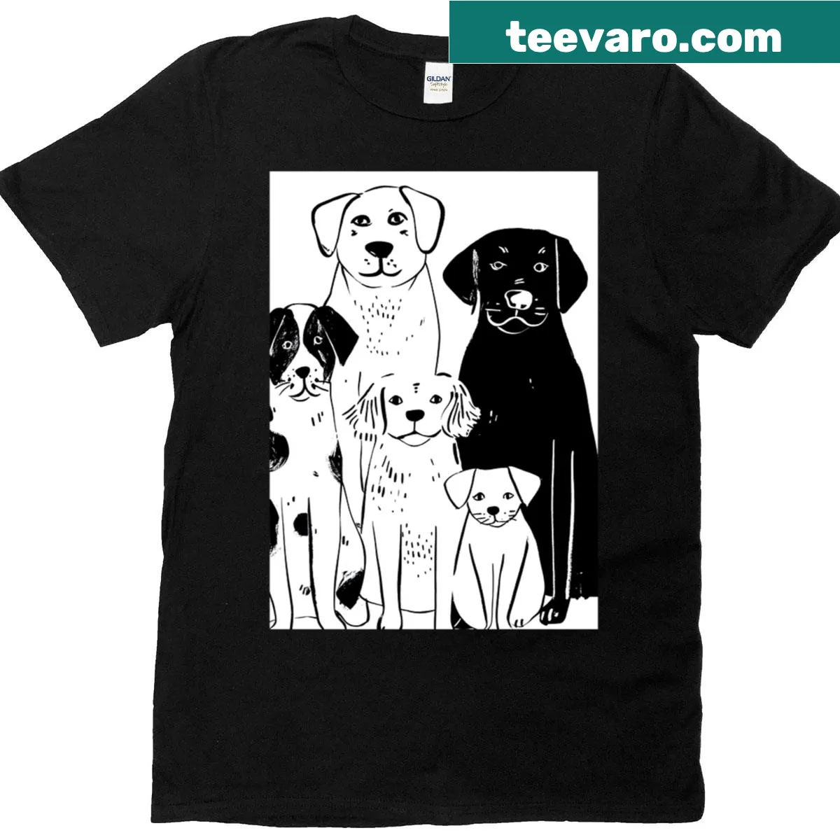 Minimalist tee featuring a lineup of dog breeds in line-art style. — on a men's t-shirt