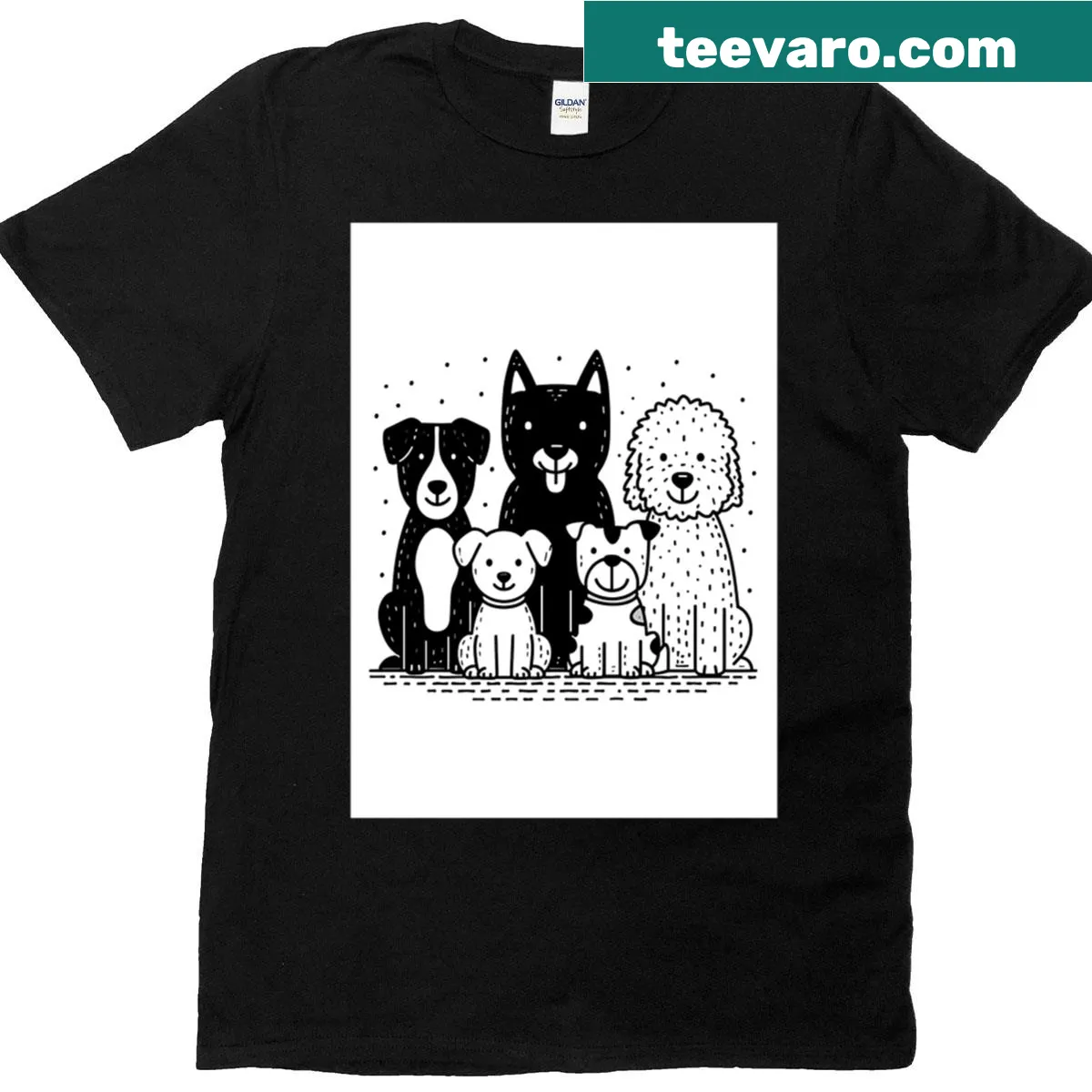 T-shirt with a minimalist line drawing of dogs in formation — on a men's t-shirt