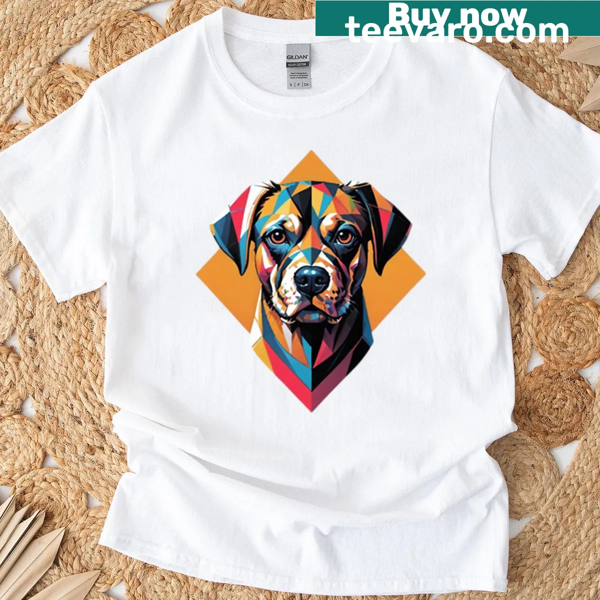 Geometric illustration of a dog on a modern T-shirt design — on a men's t-shirt