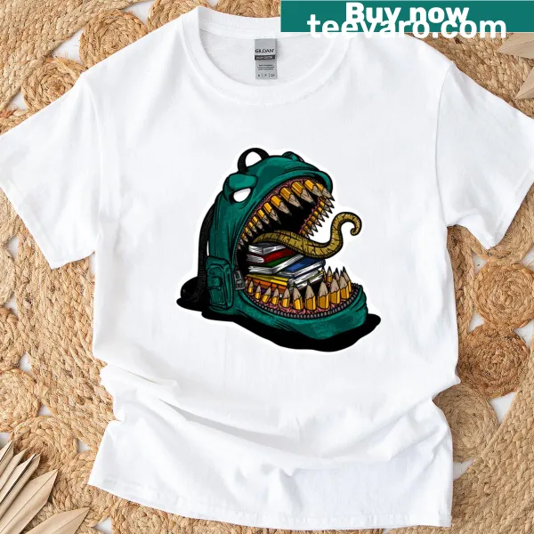 Playful monster illustration on a backpack graphic T-shirt