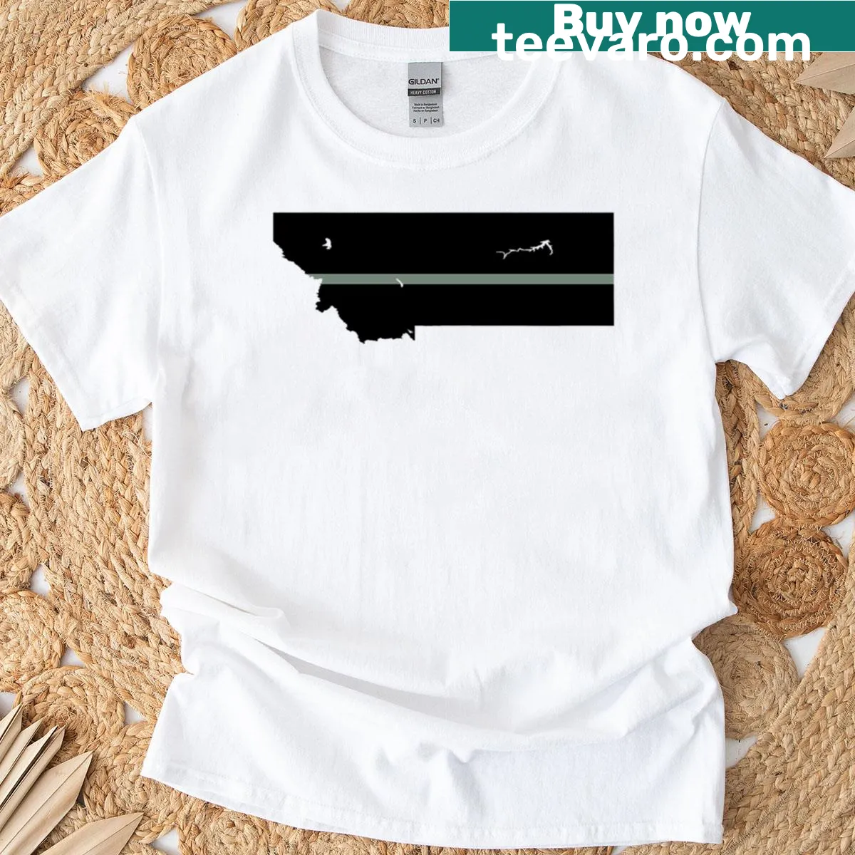 Montana T-shirt with thin silver line graphic — on a men's t-shirt