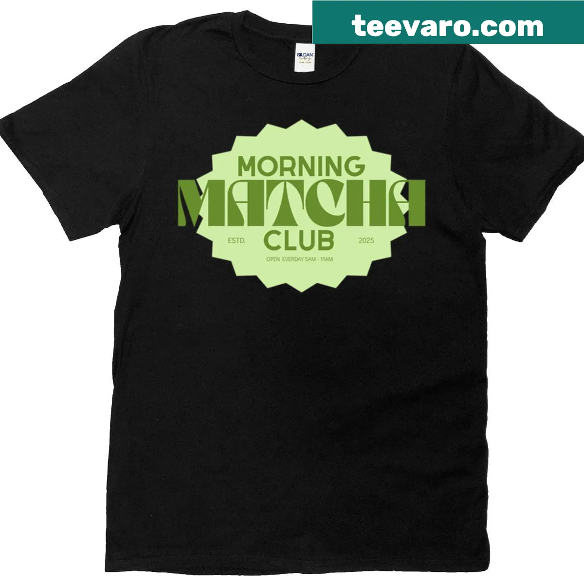 Illustrated Morning Matcha Club t-shirt with a stylized cup of matcha — on a men's t-shirt