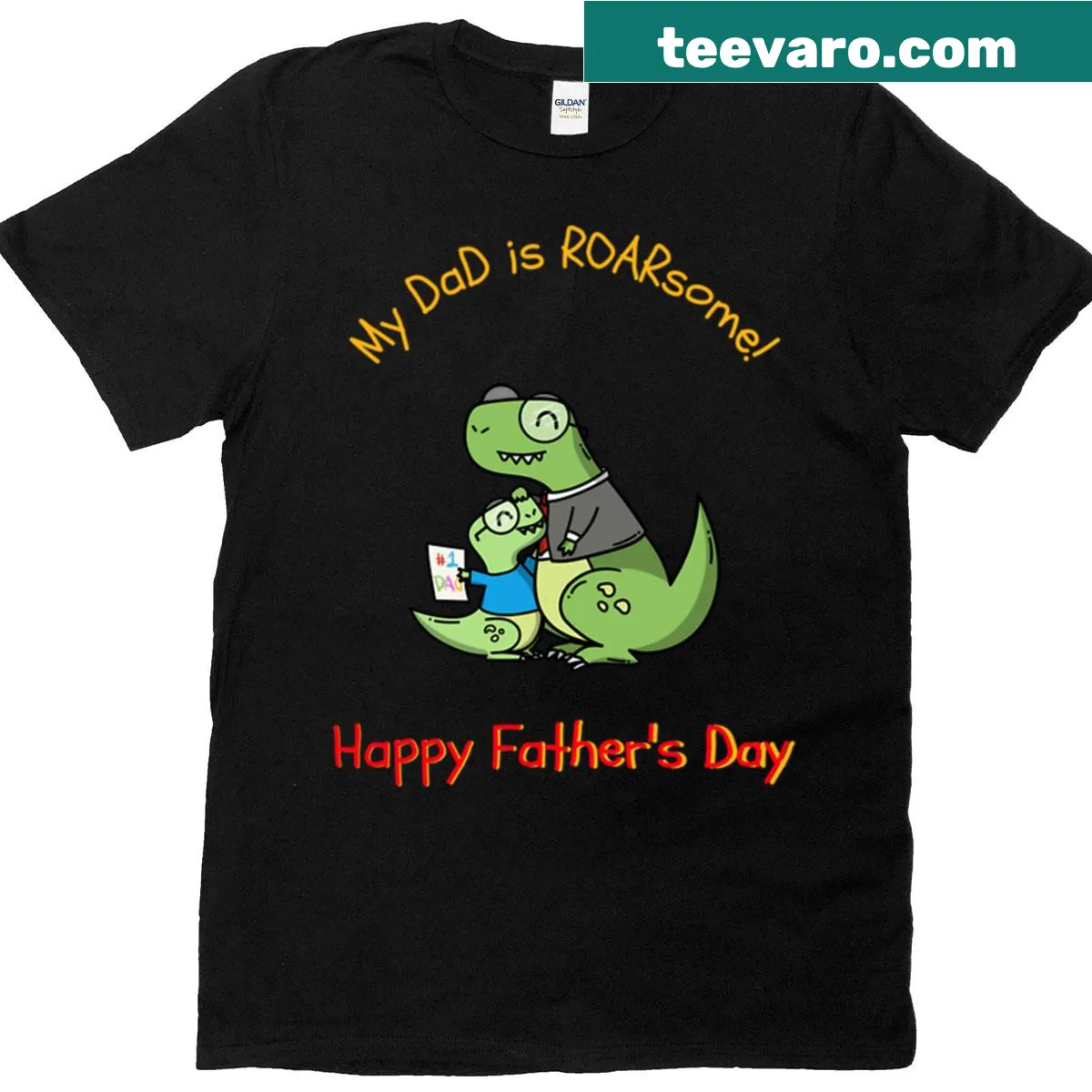Funny typography T-shirt stating 'My Dad Is Roarsome' — on a men's t-shirt