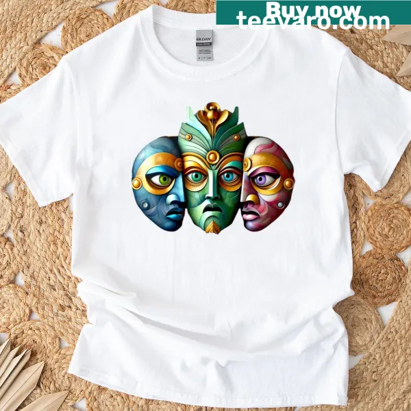 T-shirt featuring a mystical artisan mask illustration