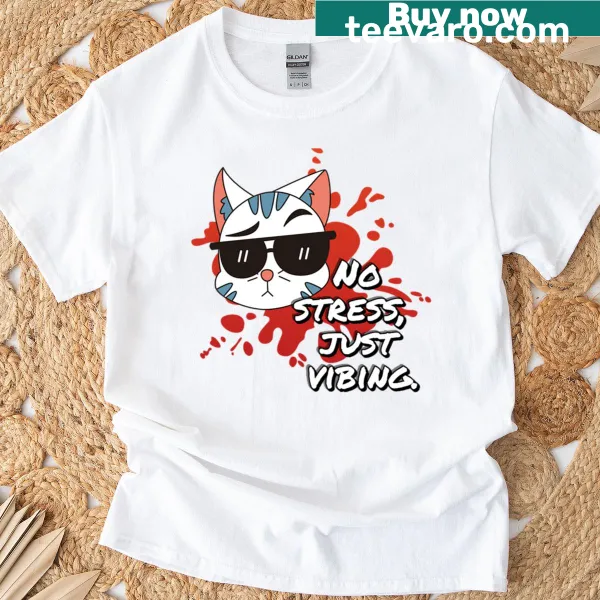 Playful typography of 'No Stressjust Vibing' on a T-shirt.