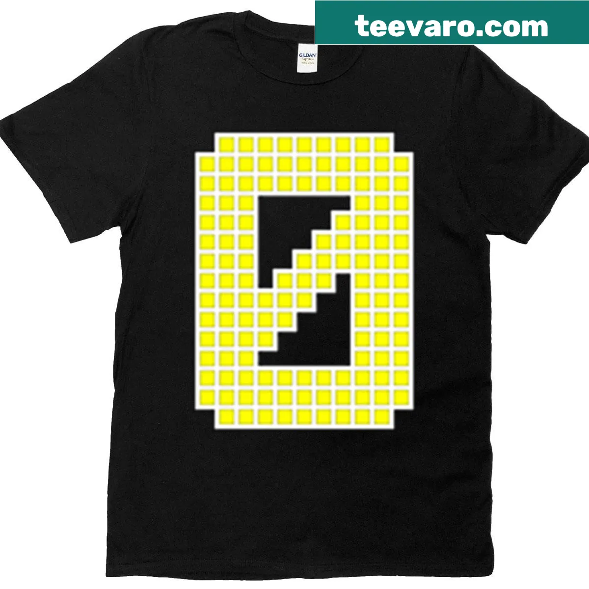 Pixelated yellow character with number 0 on a t-shirt — on a men's t-shirt