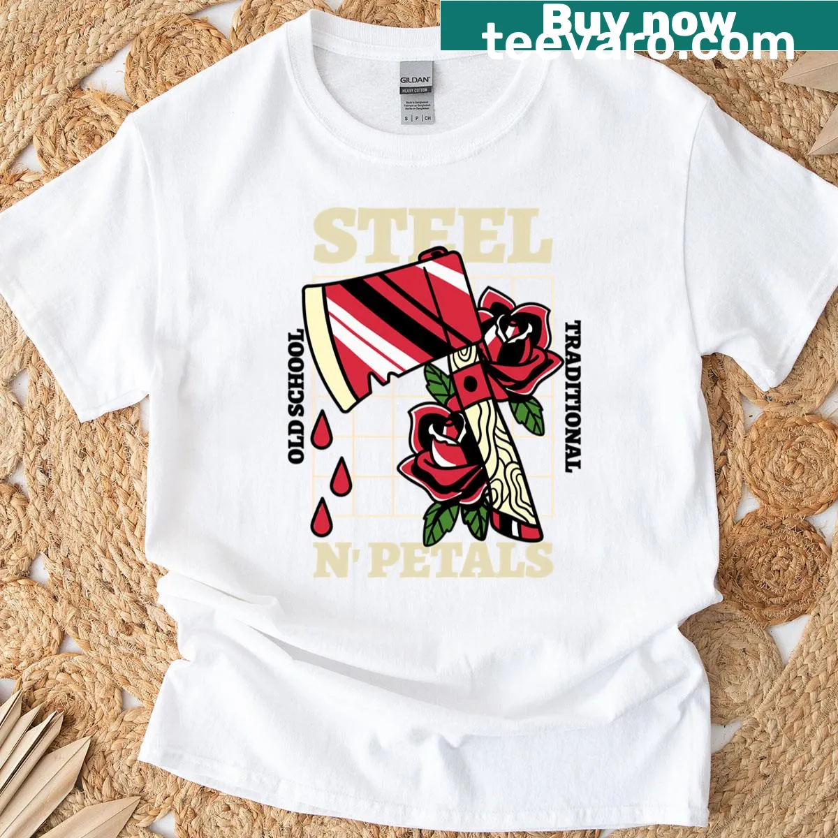 Vintage style t-shirt with an axe and petals design — on a men's t-shirt