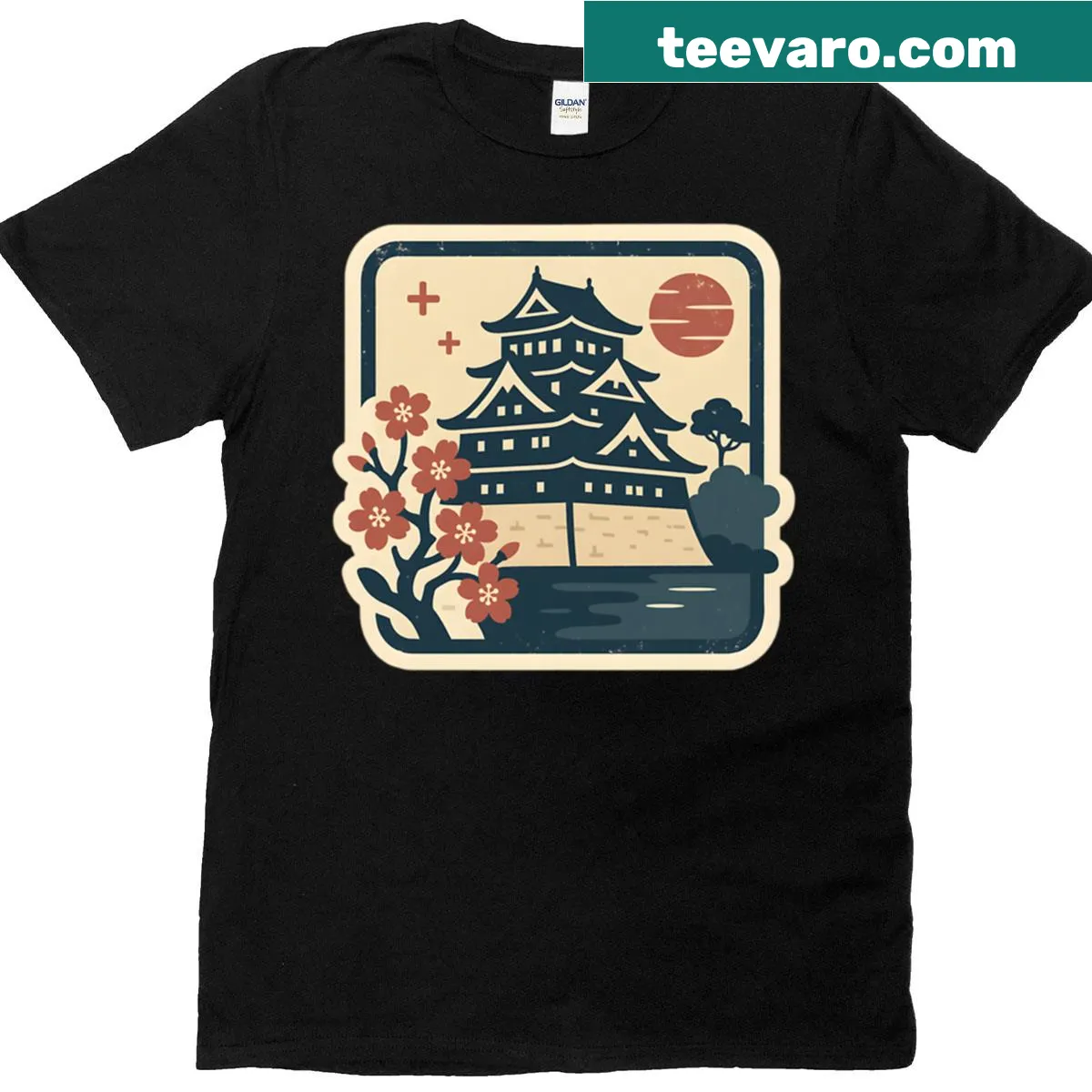 Vintage Osaka Castle T-shirt with cherry blossom illustration. — on a men's t-shirt