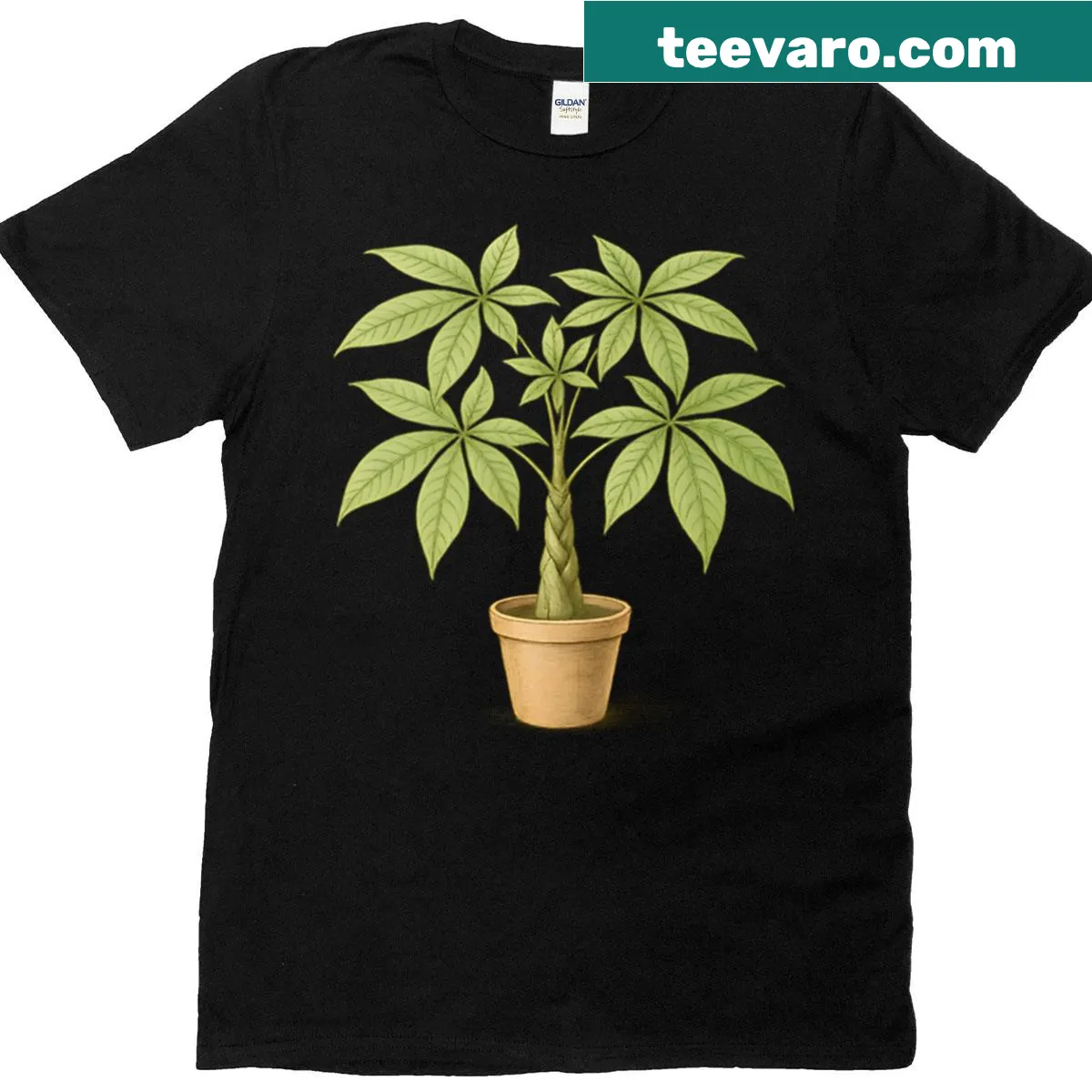 Botanical-themed T-shirt featuring an illustration of the Pachira Aquatica. — on a men's t-shirt