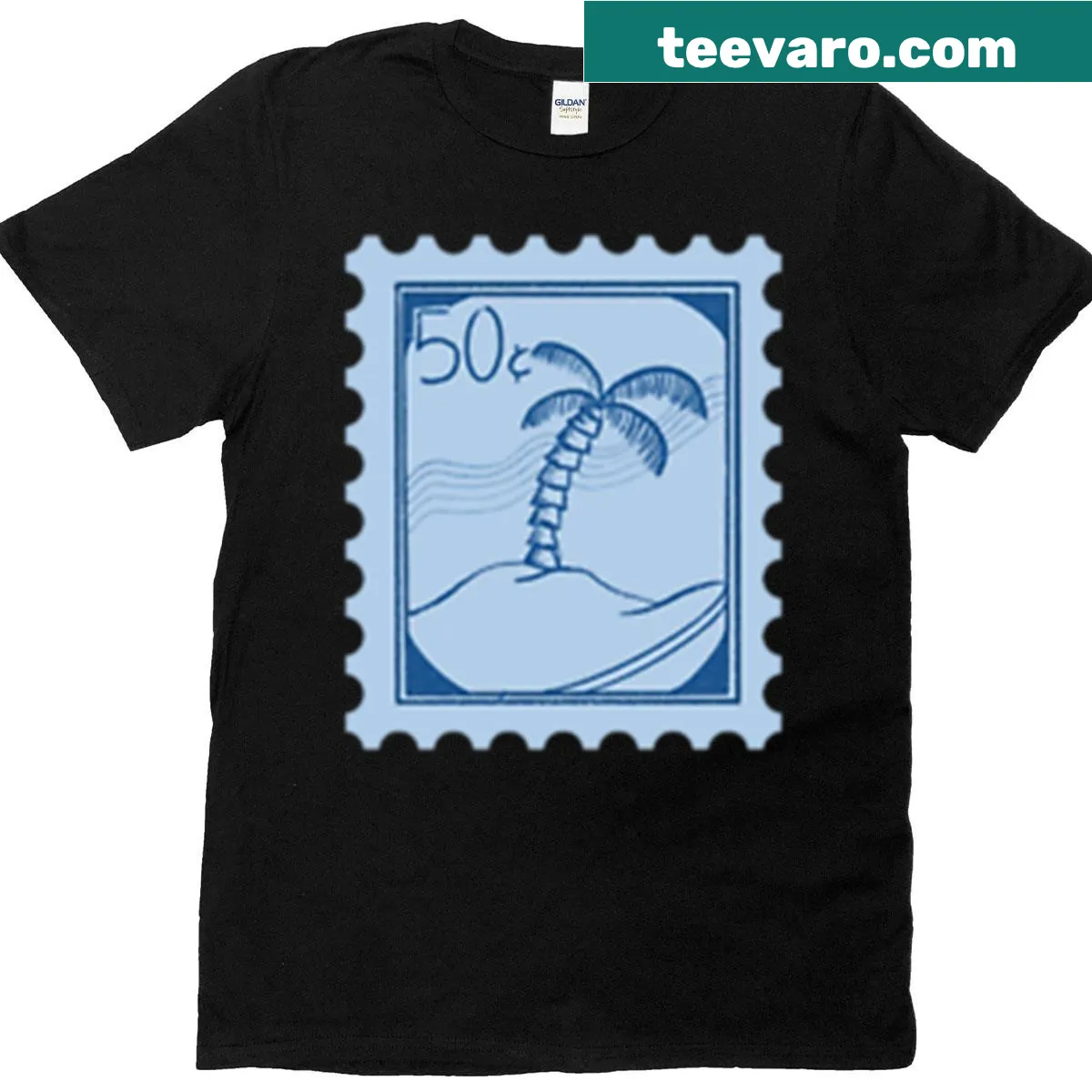 Vintage-style T-shirt with palm tree and ocean post stamp graphic. — on a men's t-shirt