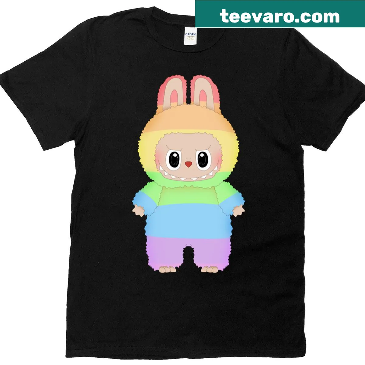 Labubu sticker design T-shirt celebrating pastel pride — on a men's t-shirt