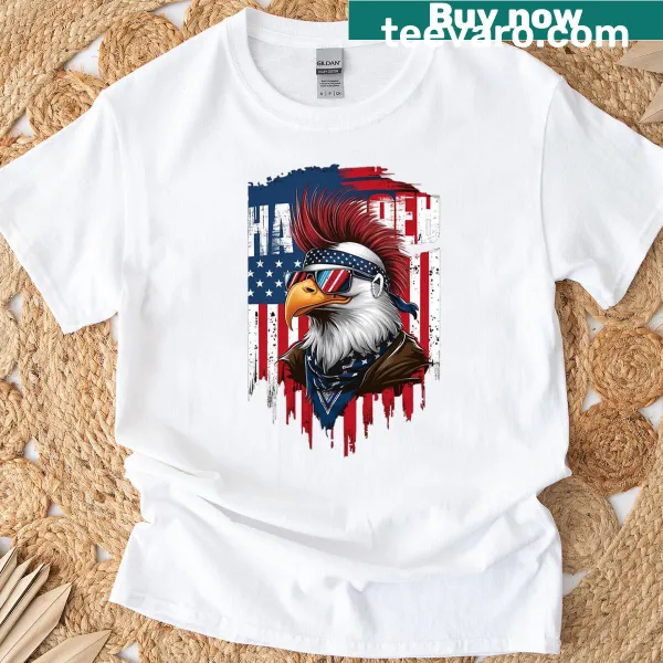 Bald eagle with mullet and American flag graphic on T-shirt