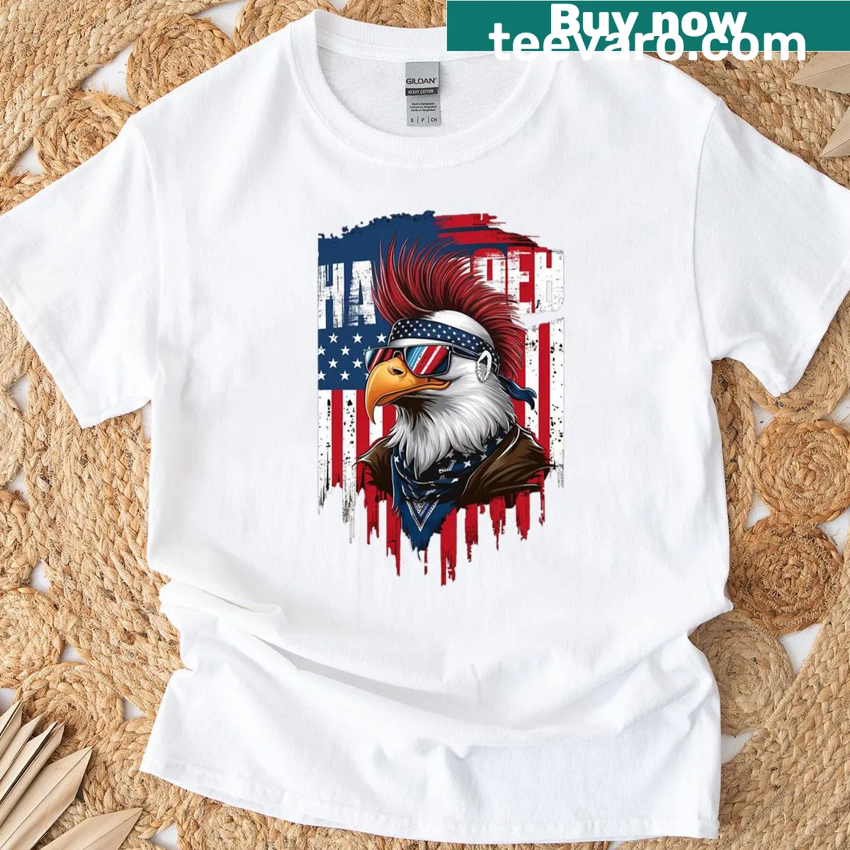 Bald eagle with mullet and American flag graphic on T-shirt — on a men's t-shirt