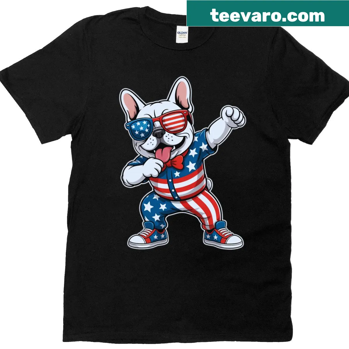 Patriotic T-shirt with a French Bulldog design featuring the USA flag. — on a men's t-shirt