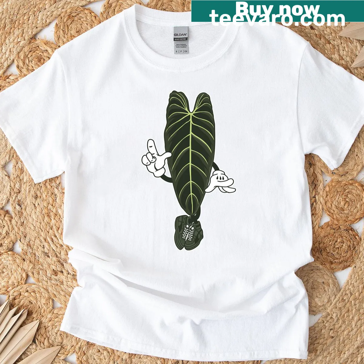 Cartoon graphic of Philodendron Melanochrysum plant on T-shirt — on a men's t-shirt
