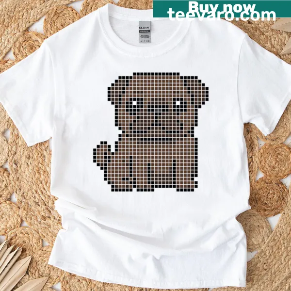 Pixel art design of a brown pug on oversized T-shirt