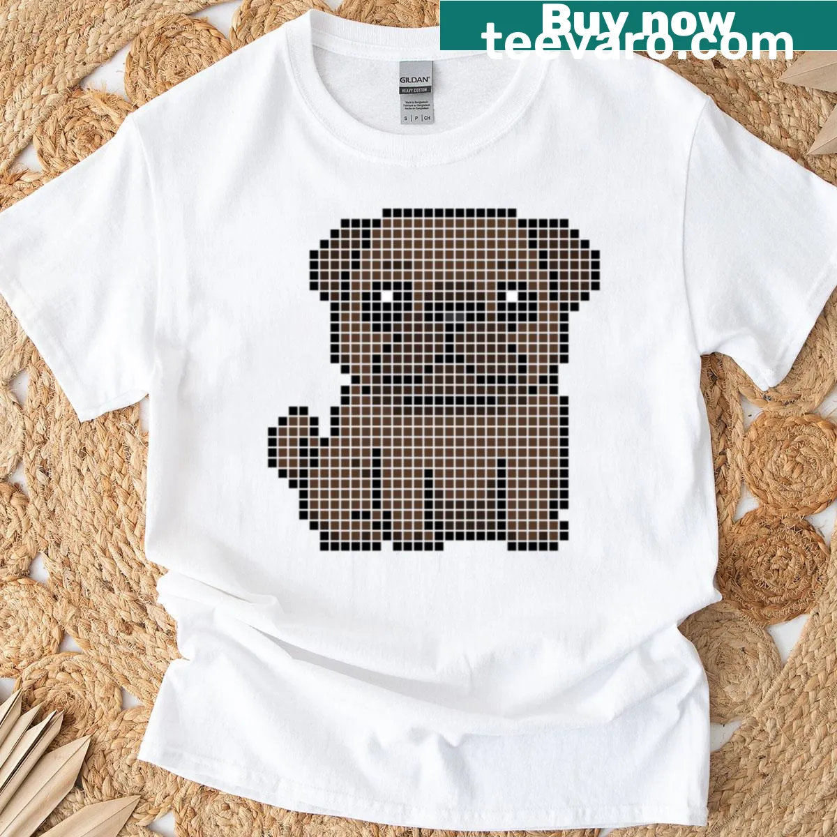 Pixel art design of a brown pug on oversized T-shirt — on a men's t-shirt