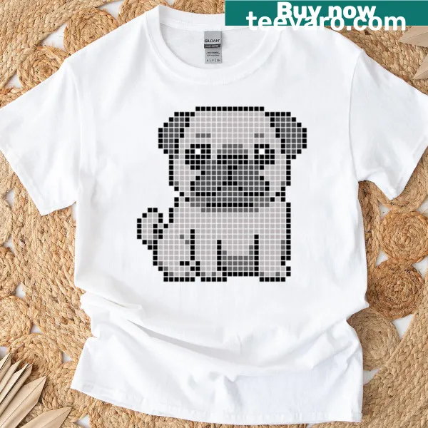 Pixelated pug design on a casual T-shirt