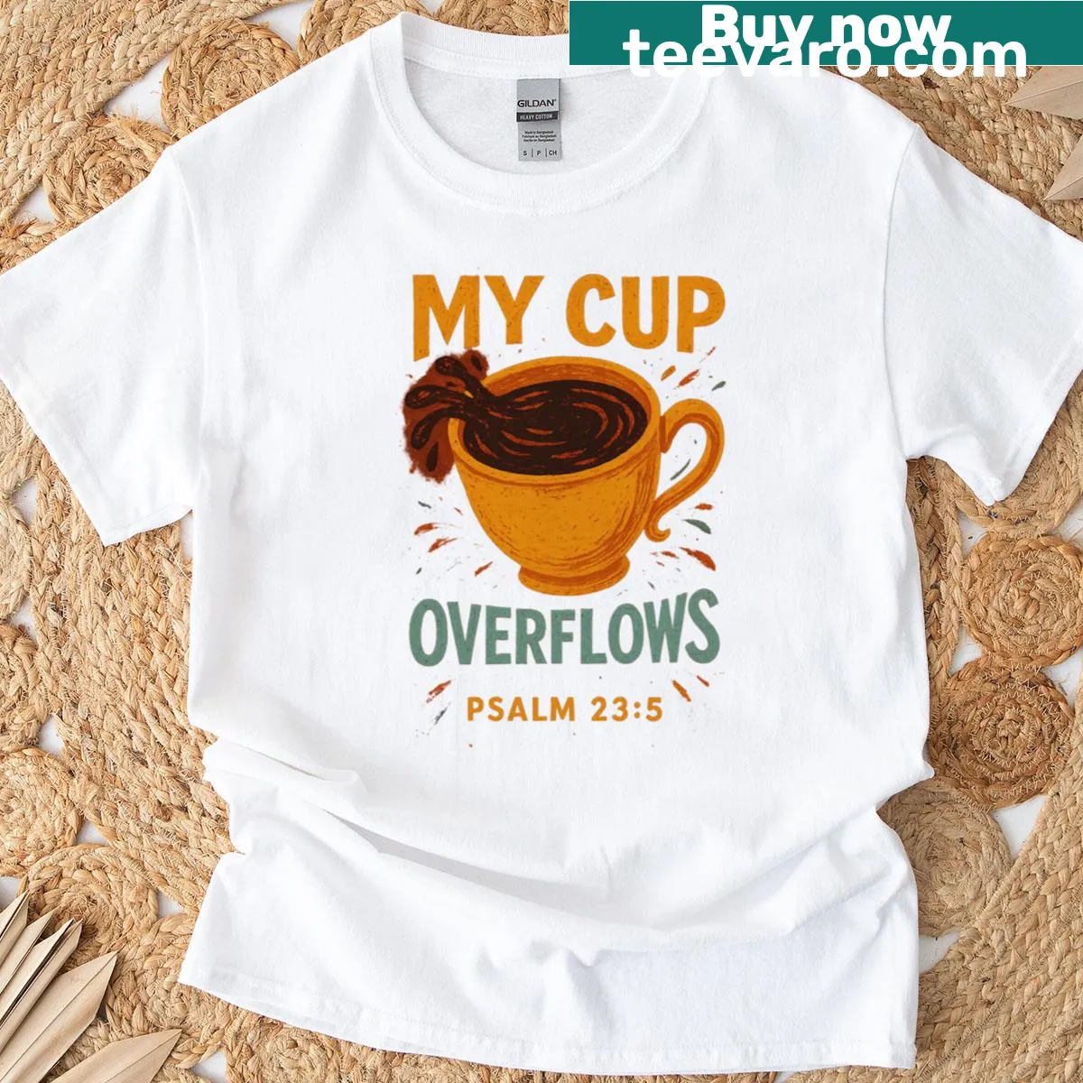 Inspirational Bible verse T-shirt with Psalm 23:5 text — on a men's t-shirt