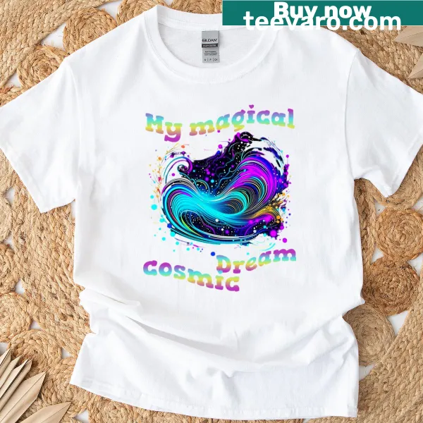 Whimsical cosmic illustration t-shirt with magical elements