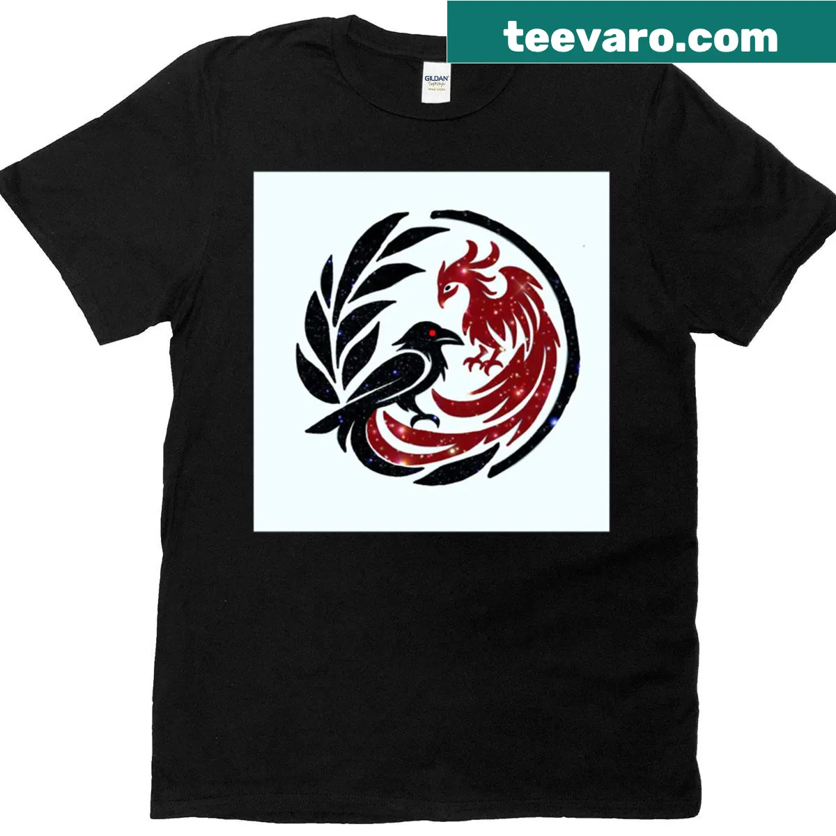 Illustrated t-shirt featuring a raven and phoenix in a mythical style — on a men's t-shirt