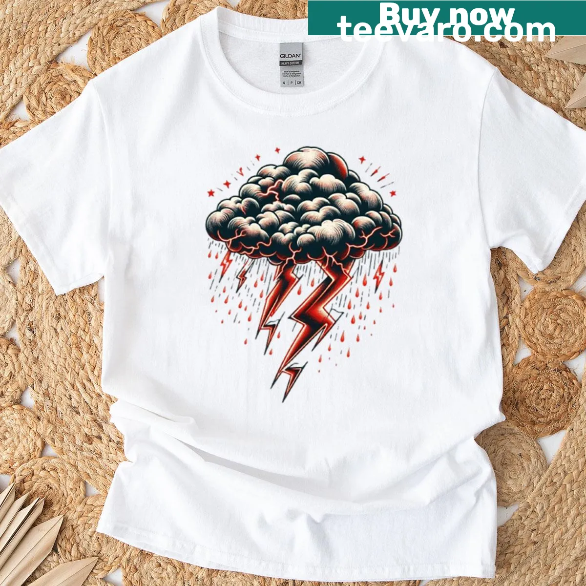 Dynamic graphic of a red storm on a casual T-shirt — on a men's t-shirt