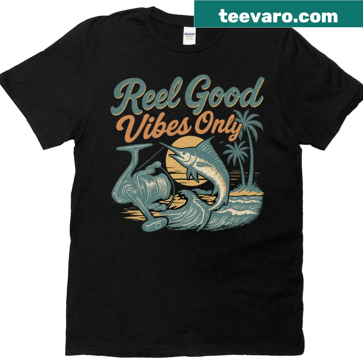 Reel Good Vibes Only t-shirt with playful text — on a men's t-shirt