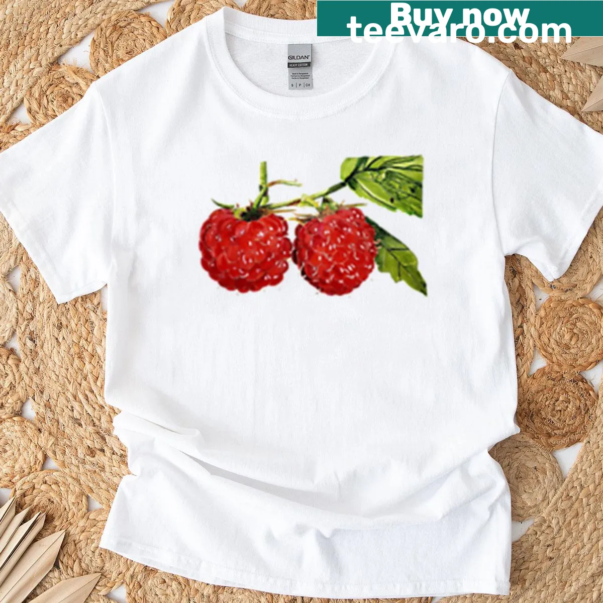 Watercolor t-shirt featuring a still life of ripe raspberries — on a men's t-shirt