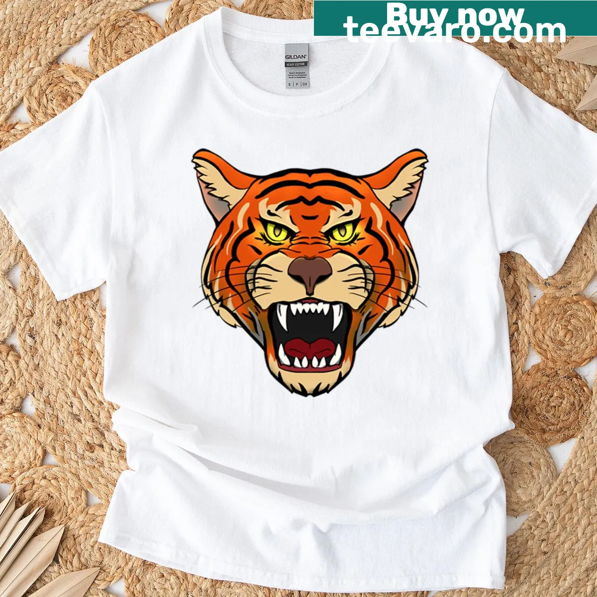 Graphic t-shirt featuring a roaring tiger illustration — on a men's t-shirt