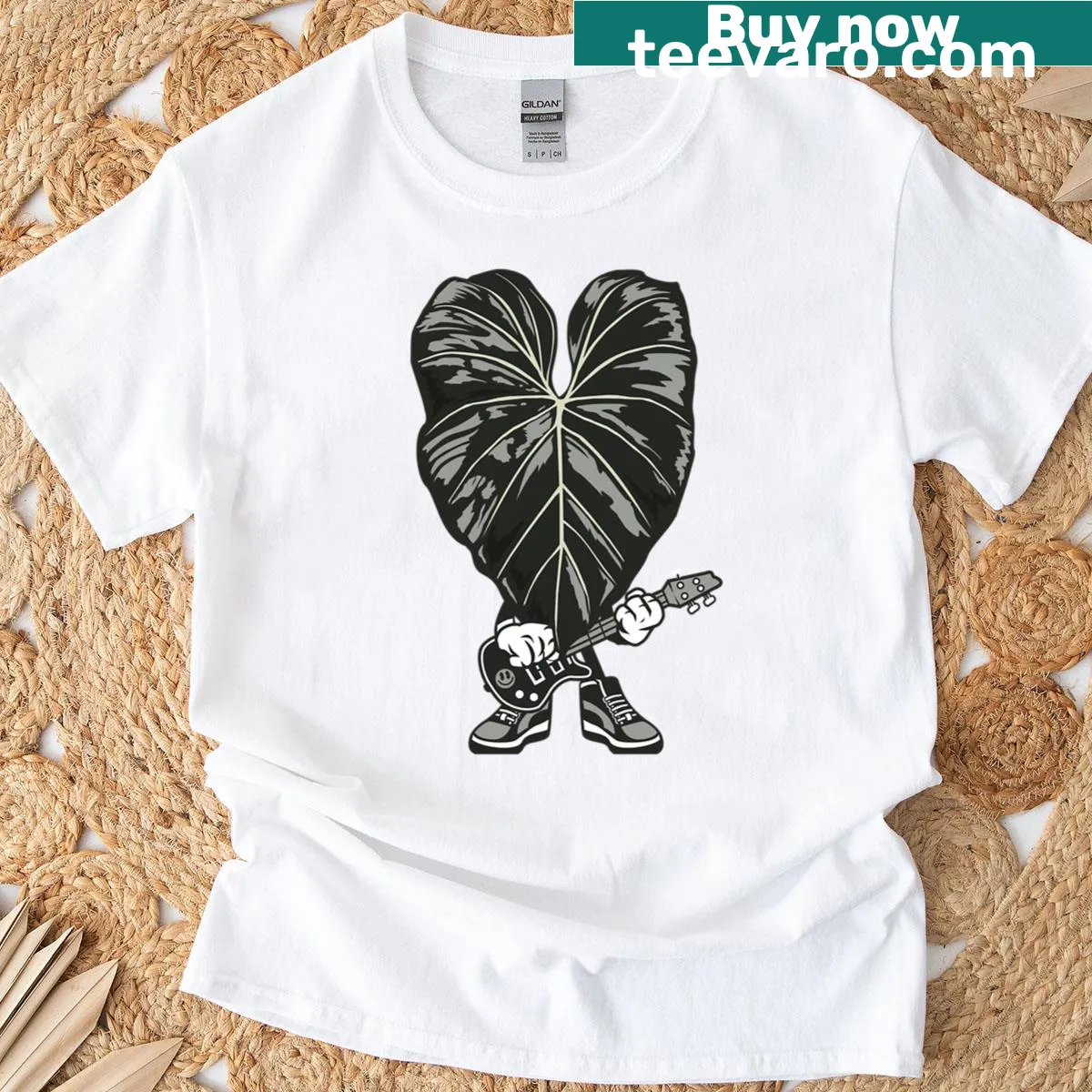 Cartoon guitar intertwined with a plant in playful illustration — on a men's t-shirt
