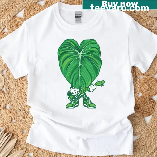 Cartoon Philodendron Pastazanum with a guitar on a T-shirt
