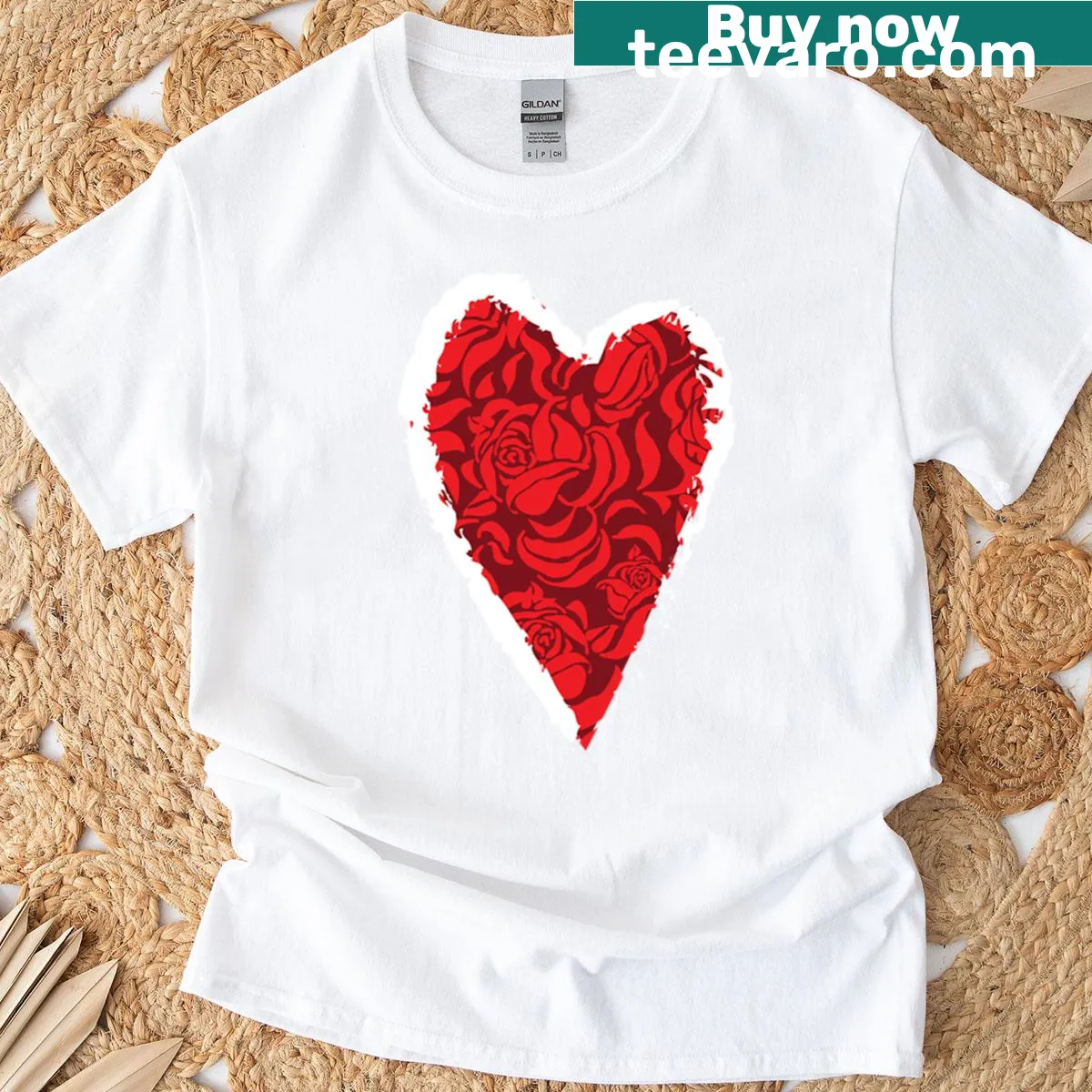Oversized t-shirt with whimsical rose heart graphic for romantic vibes. — on a men's t-shirt