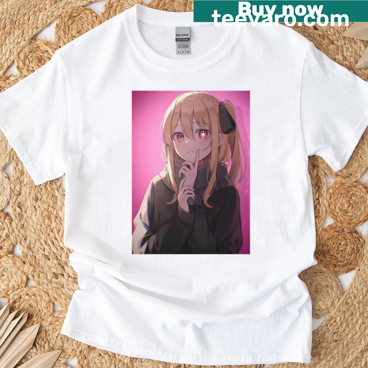 Illustrated t-shirt featuring Ruby Hoshino with themes of innocence and mystery. — on a men's t-shirt