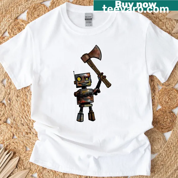 T-shirt featuring a whimsical rusty robot illustration