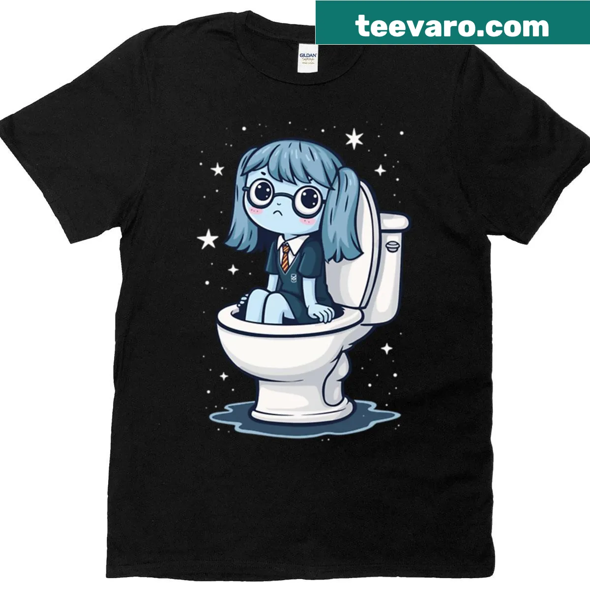 Cute kawaii graphic of a sad magic girl and ghost on a t-shirt — on a men's t-shirt