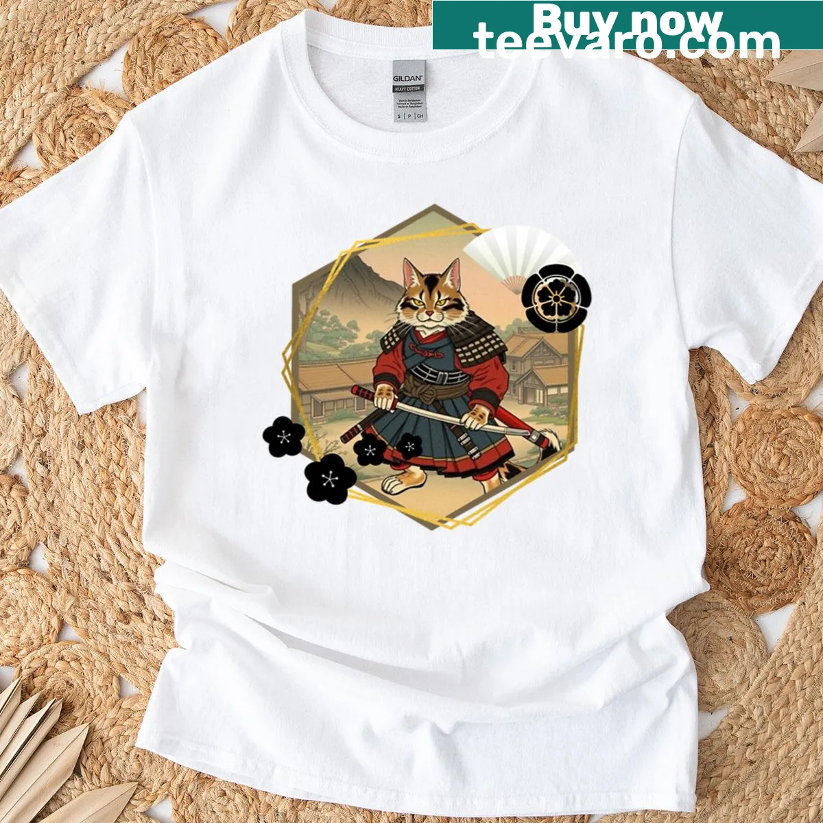 Illustration of a samurai cat as the guardian of a village — on a men's t-shirt