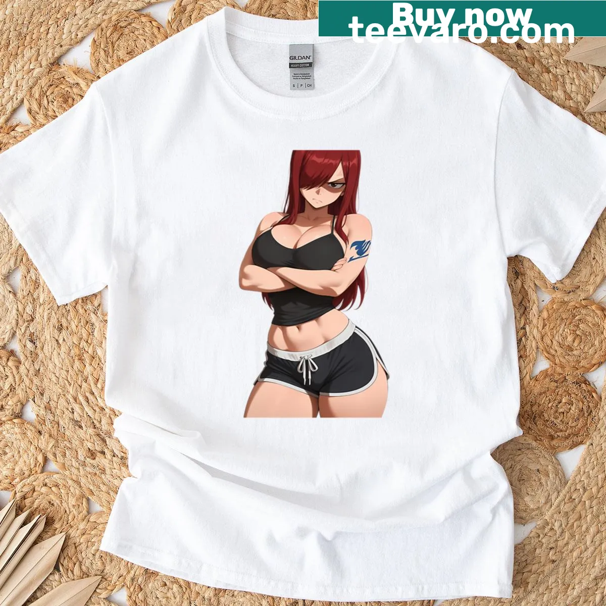 Oversized t-shirt featuring Erza Scarlet illustration from anime — on a men's t-shirt