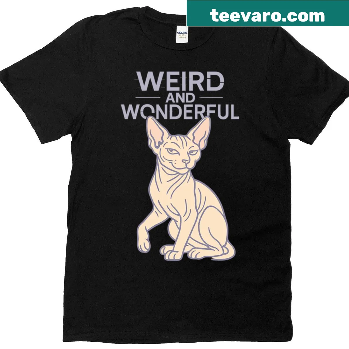Cute t-shirt featuring a whimsical illustration of a Sphynx cat — on a men's t-shirt
