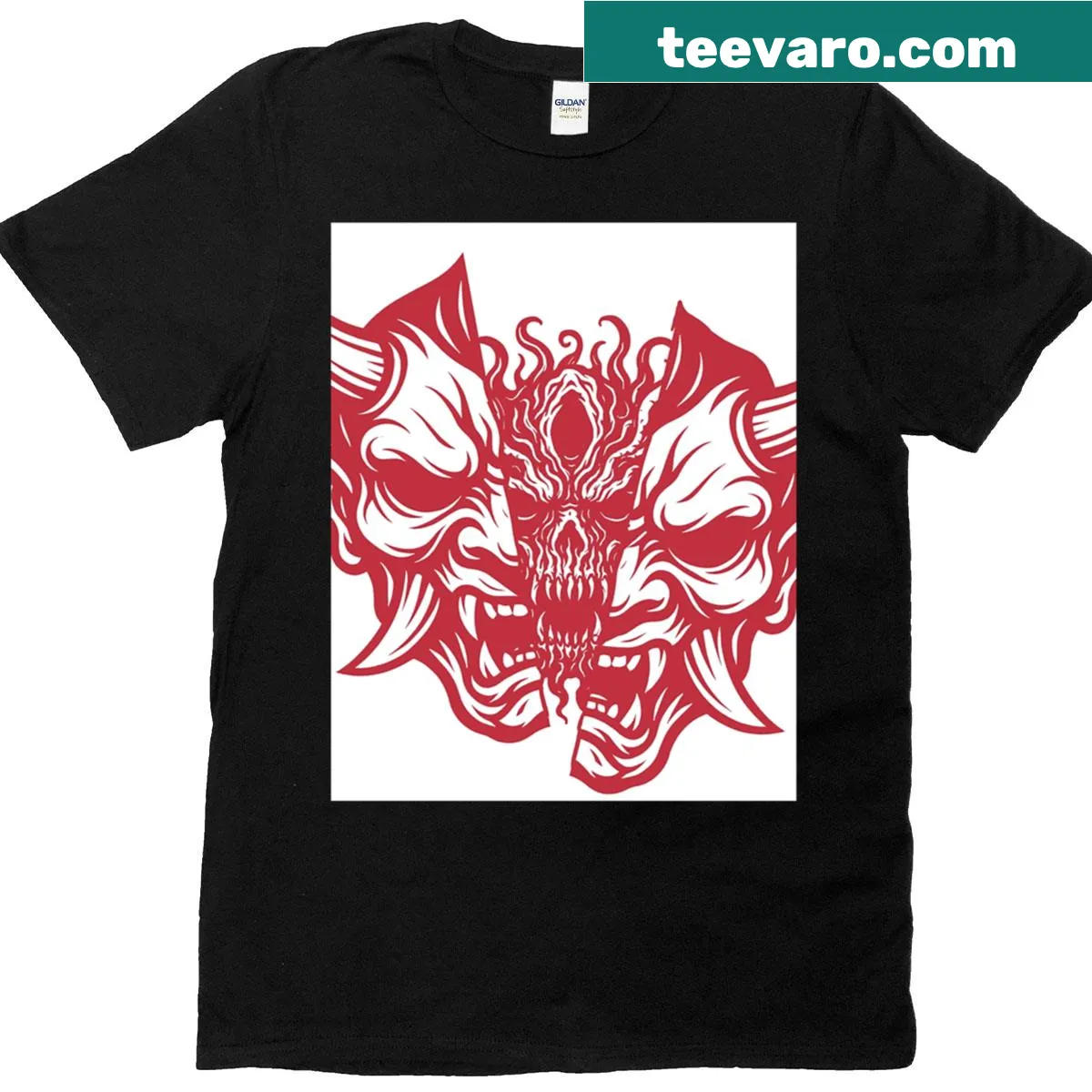 Red Oni mask graphic t-shirt with intricate design — on a men's t-shirt