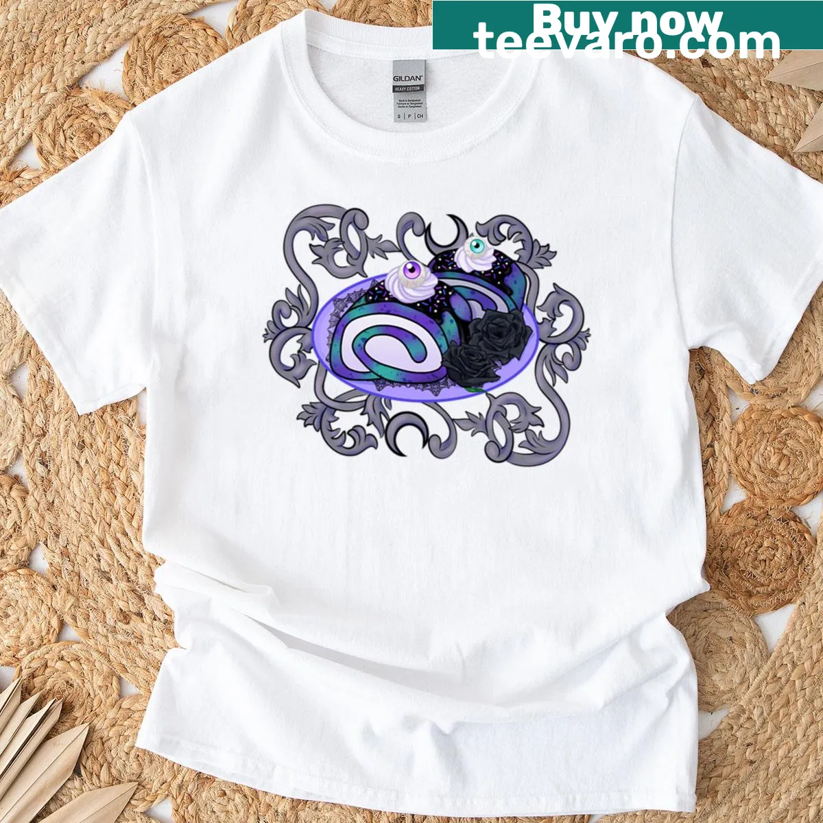 T-shirt featuring a whimsical Spooky Galaxy Roll Cake design — on a men's t-shirt